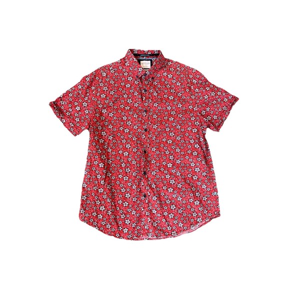 Denim & Flower Mens Red Floral Short Sleeve Button Up Preppy Collared Shirt - Picture 1 of 4